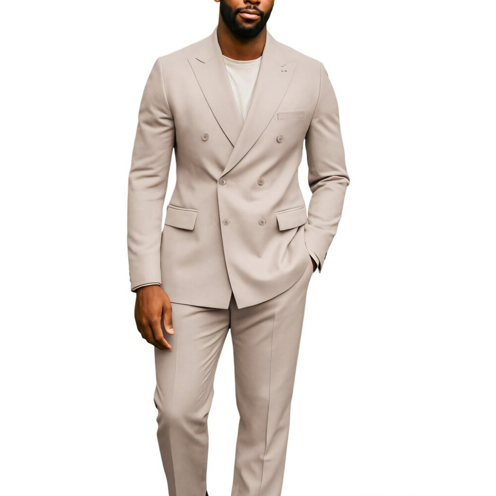 Solid Tan Double Breasted 2 Piece Tailored Fit Azzuro Men's Suit